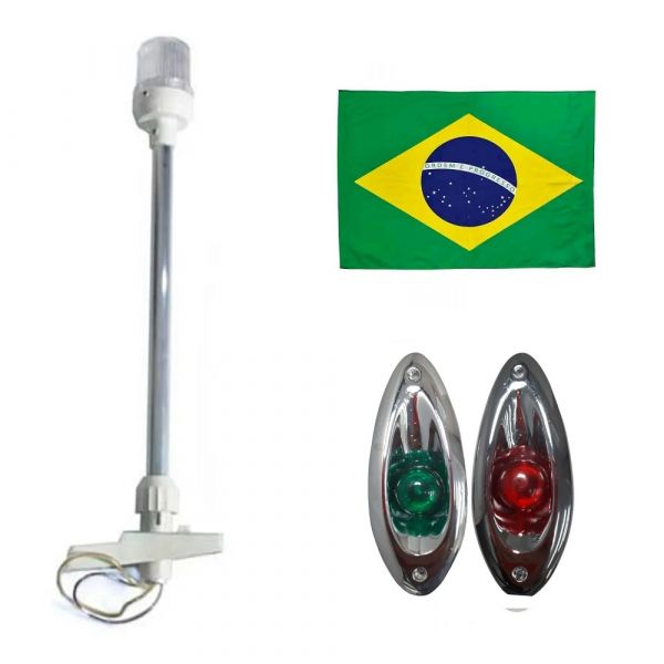 Kit olho de tubarão cromado + Mastro branco com Led + Bandeira do Brasil - Cód. RM185