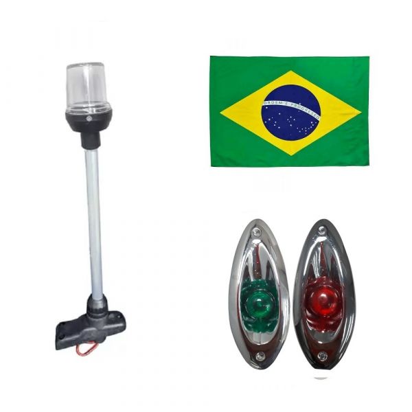 Kit olho de tubarão cromado + Mastro preto com Led + Bandeira do Brasil - Cód. RM214