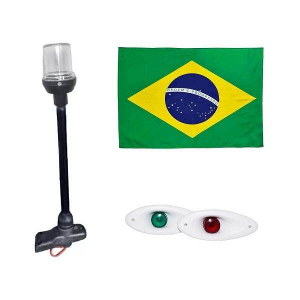 Kit olho de tubarão branco + Mastro Estrobo preto Led + Bandeira do Brasil - Cód. RM105